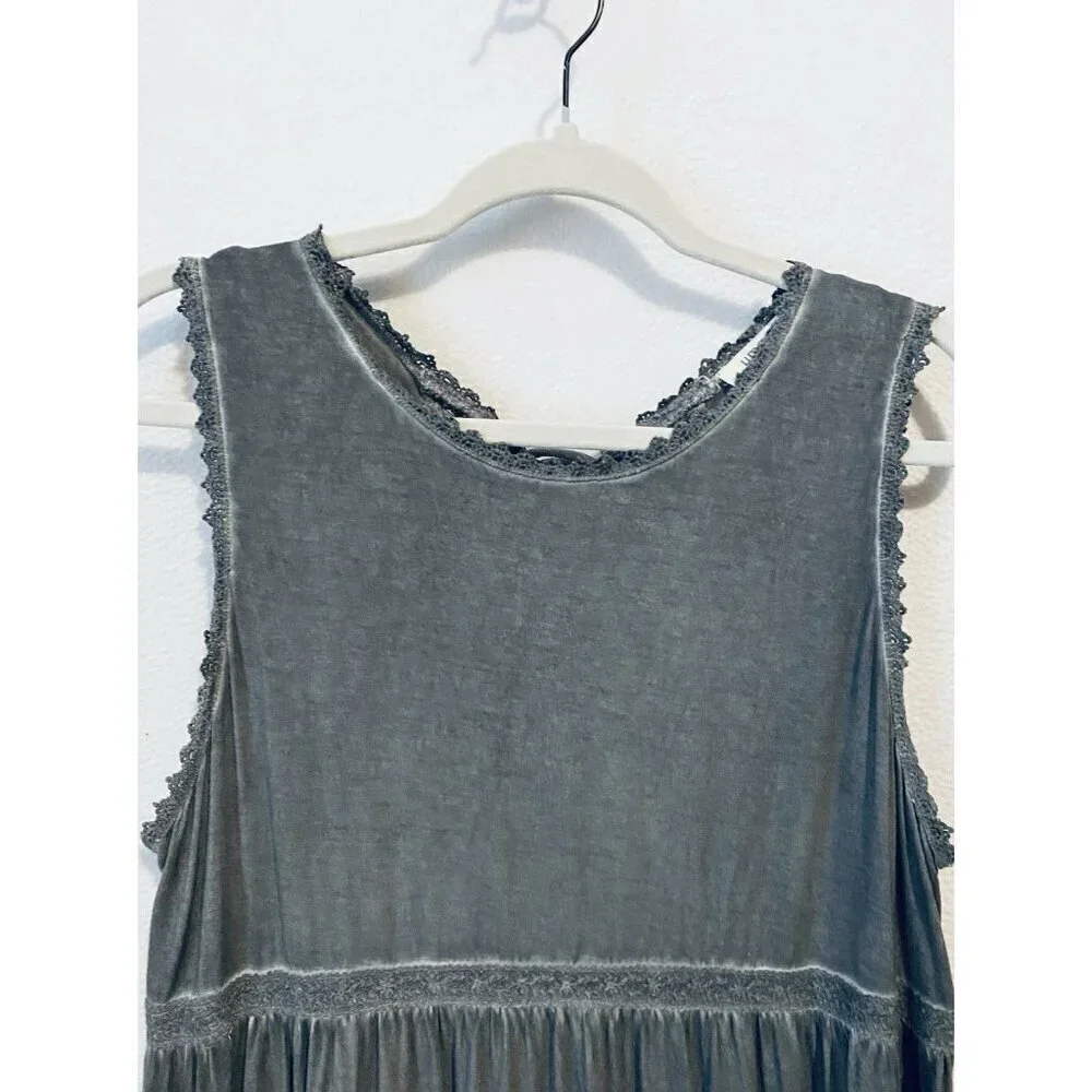 Umgee Dress Womens Large Gray Distressed Crochet Trim Lace Up Back Ruffle Hem - Picture 2 of 6
